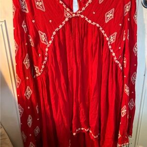 Free People Red Diamonds Embroidered Blouse